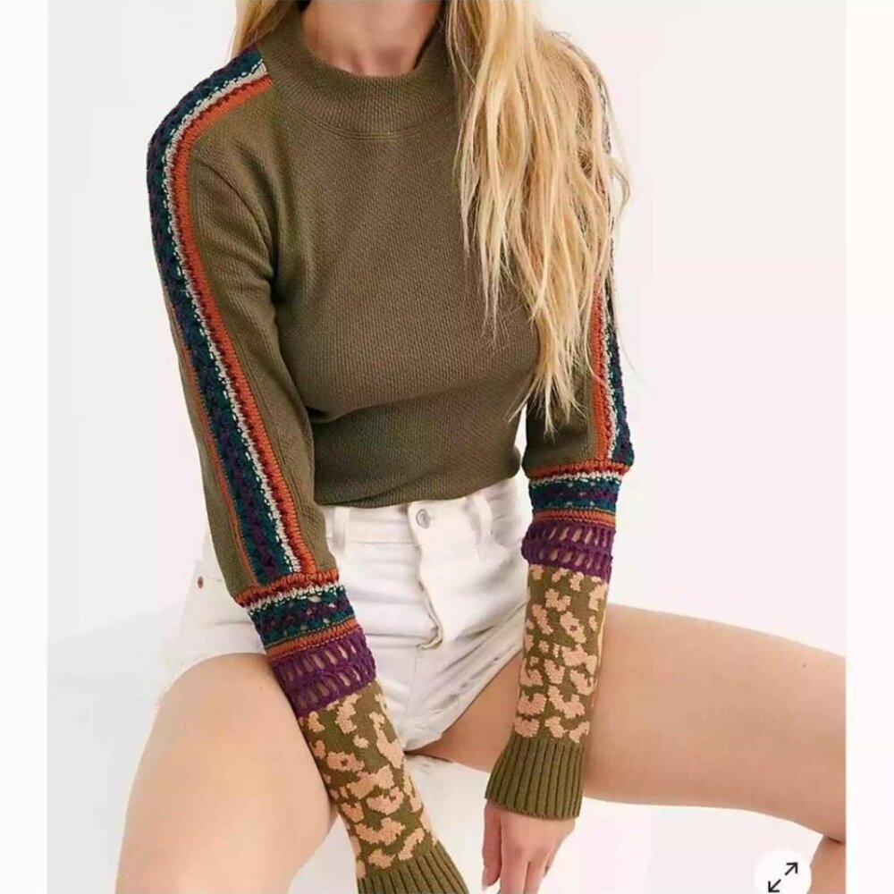 Free People Olive “Switch It Up” Thermal Sweater Size M - Picture 5 of 6